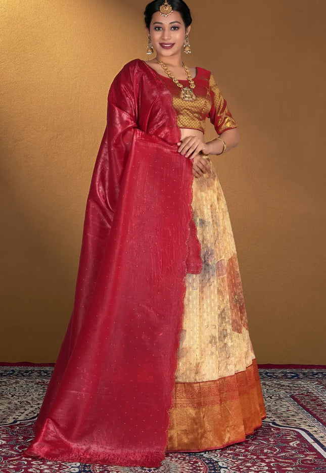 Chiku Zari Tissue Silk Digital Printed Lehenga Choli With Dupatta