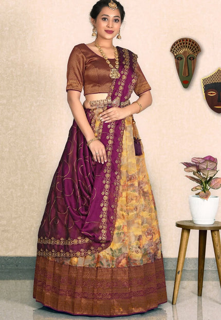 Chiku Zari Tissue Silk Half Saree With Digital Print