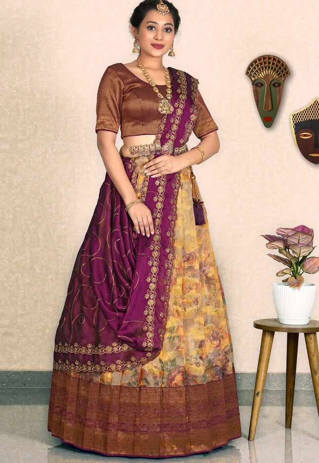 Chiku Zari Tissue Silk Half Saree With Digital Print