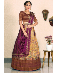 Chiku Zari Tissue Silk Half Saree With Digital Print