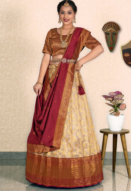 Chiku Zari Tissue Silk Half Saree With Dupatta For Women