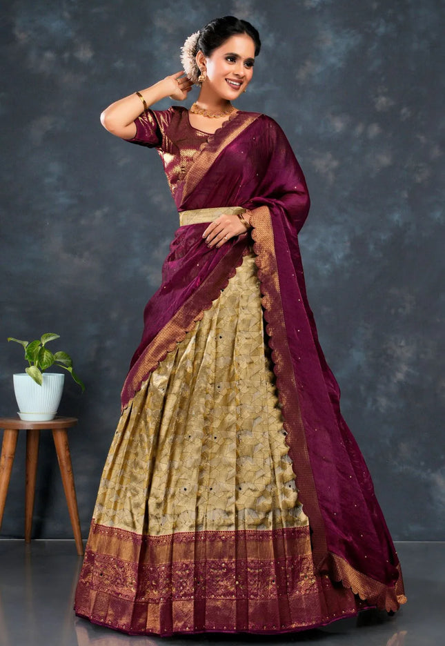 Chiku Zari Tissue Silk Semi-Stitched Lehenga For Women