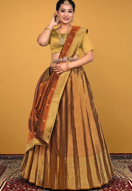 Copper Pure Zari Tissue Silk Lehenga Choli With Dupatta