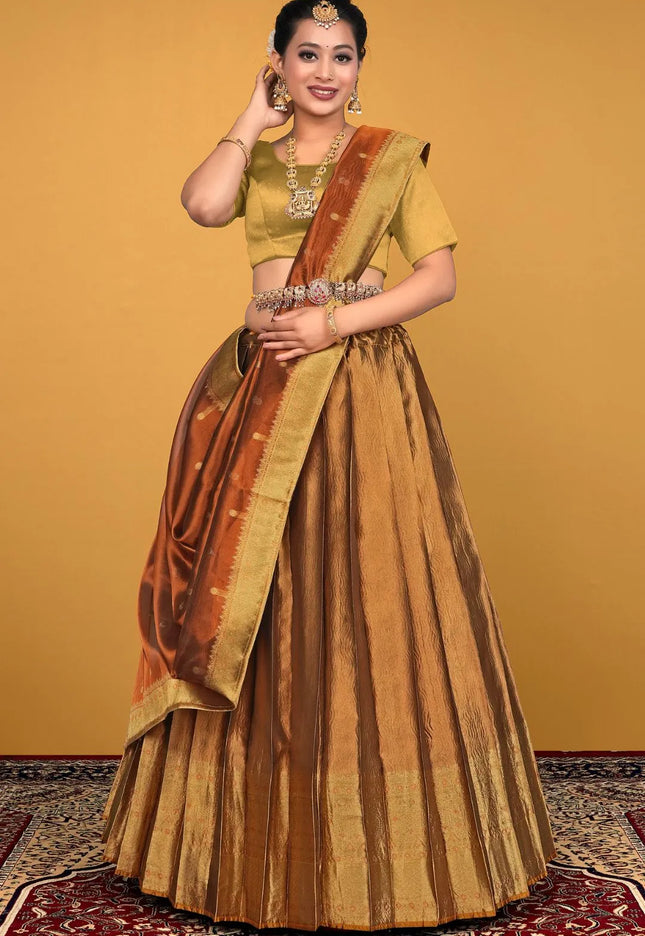 Copper Pure Zari Tissue Silk Lehenga Choli With Dupatta