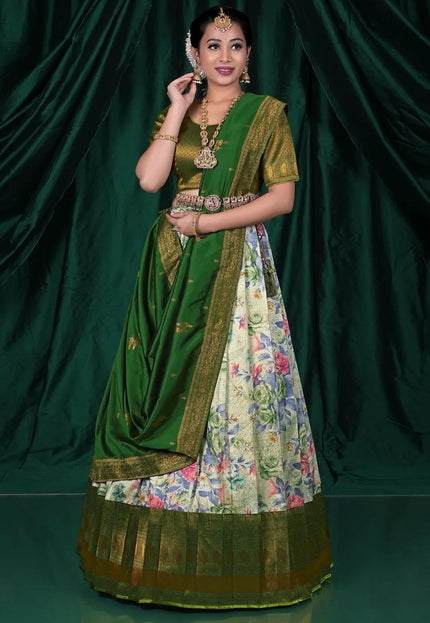 Cream Self Jacquard Half Saree With Digital Print