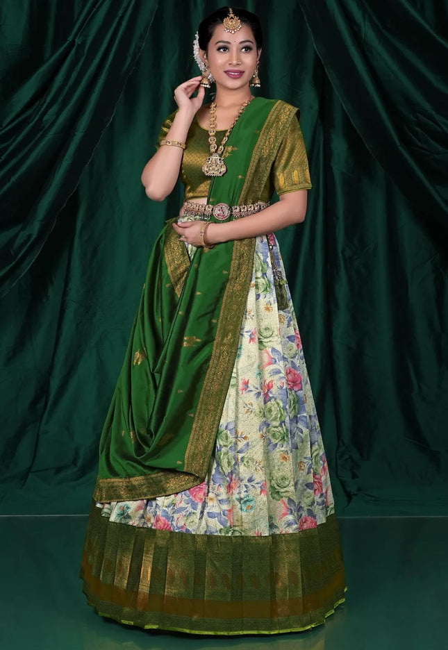 Cream Self Jacquard Half Saree With Digital Print