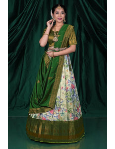 Cream Self Jacquard Half Saree With Digital Print