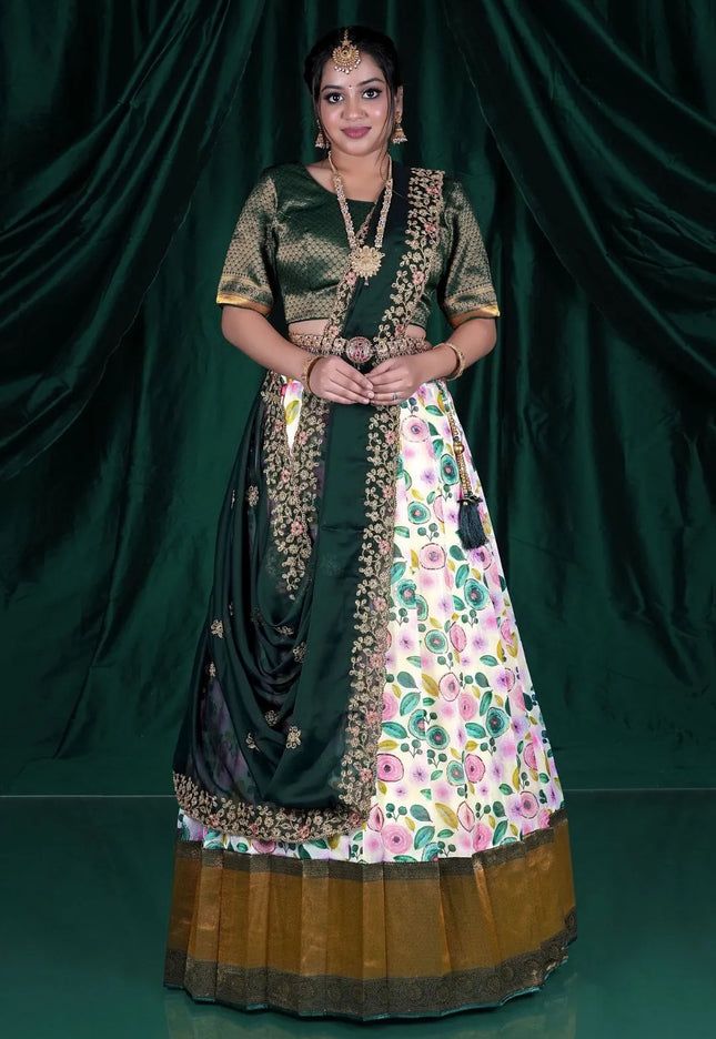 Cream Slub Silk Lehenga Choli With Dupatta For Women