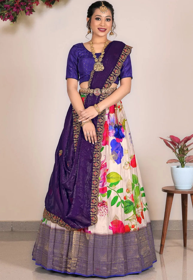 Cream Viscose Lehenga Choli With Zini Mini Dupatta For Women
