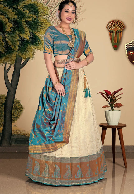 Cream Zari Tissue Lehenga Choli With Foil Work For Women