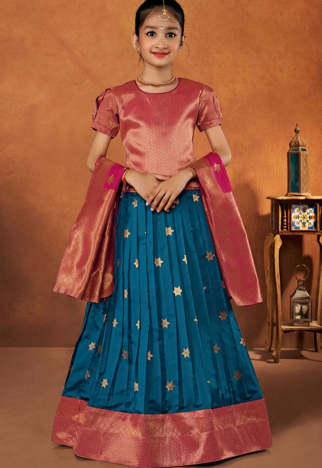 Dark Blue Banarasi Silk Kids Lehenga Choli with Fancy Dupatta
