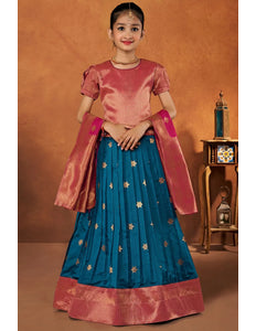 Dark Blue Banarasi Silk Kids Lehenga Choli with Fancy Dupatta
