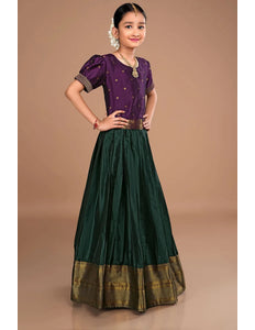 Dark Green Girls Silk Pattu Pavadai Ethnic Wear Lehenga Choli Set