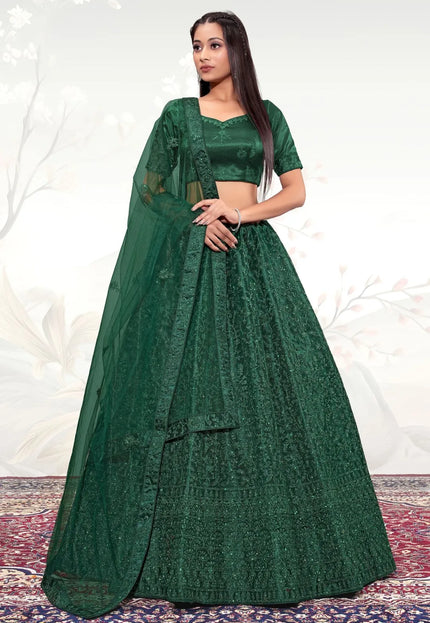 Dark Green Net Semi Stitch Embroidered Lehenga Choli For Women