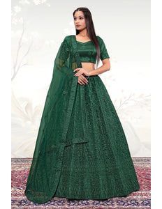 Dark Green Net Semi Stitch Embroidered Lehenga Choli For Women