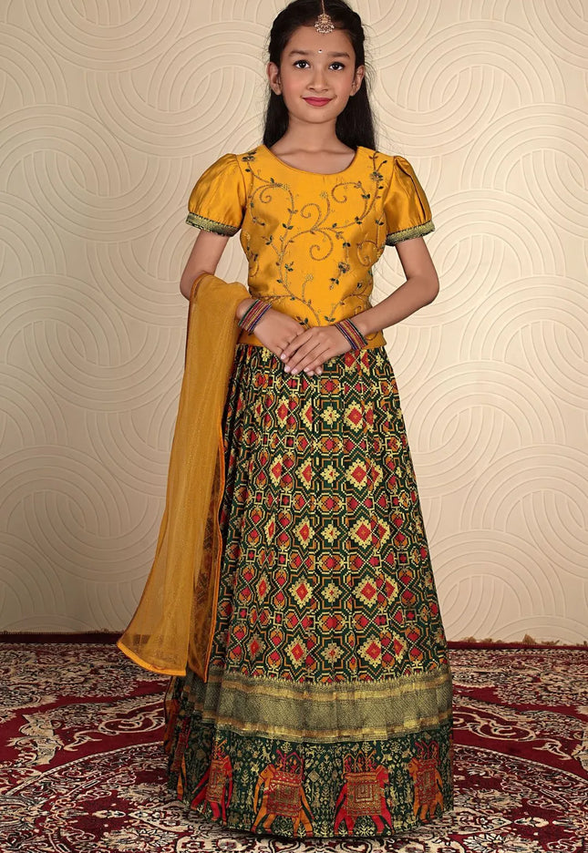 Dark Green Traditional Patola Style Lehenga Choli Set for Girls Festive Wear