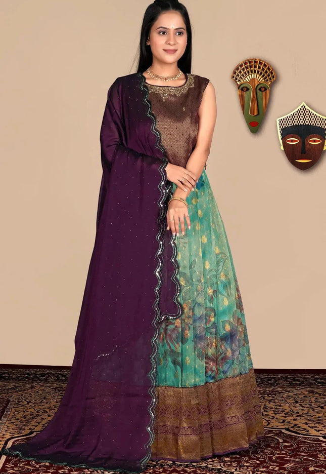 Designer Banarasi Lehenga Choli Set with Floral Printed Skirt