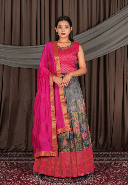 Designer Navy Blue Floral Lehenga Choli with Dupatta Set