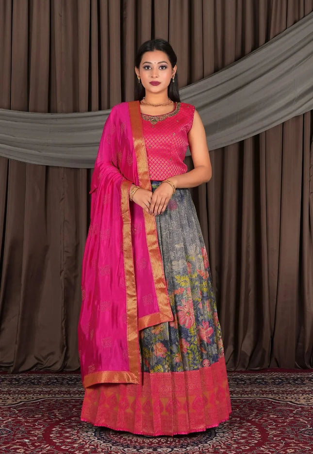 Designer Navy Blue Floral Lehenga Choli with Dupatta Set