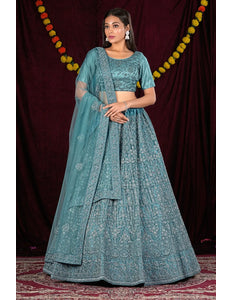 Designer Sea Green Net Lehenga Choli For Weddings