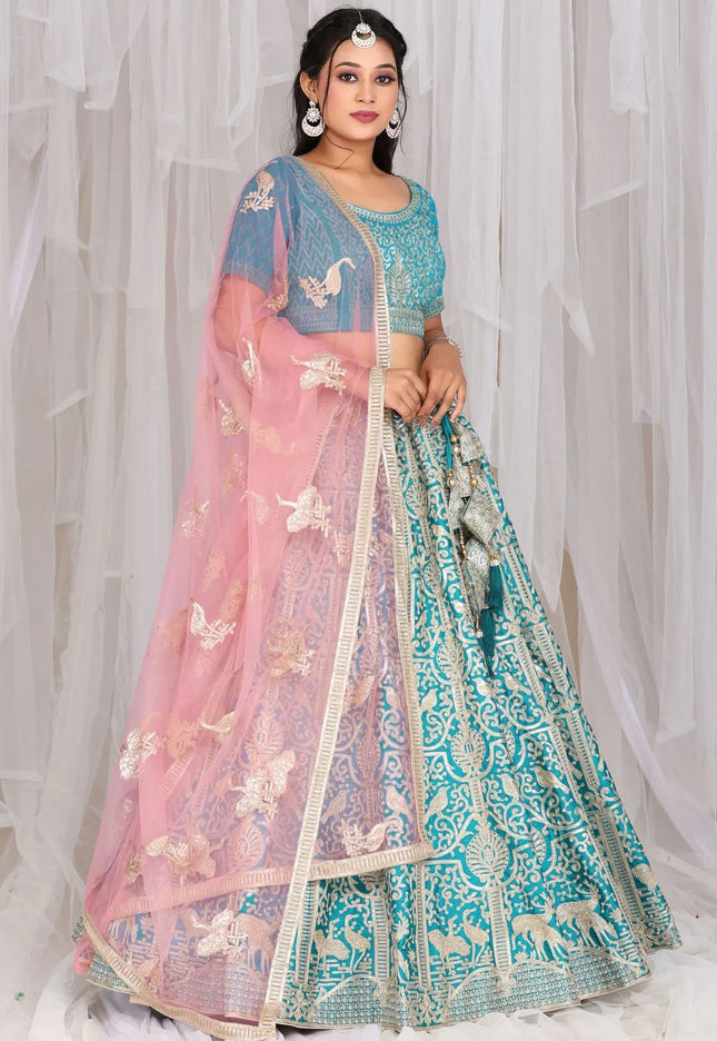 Firozi Art Silk Embroidered Lehenga Choli With Net Dupatta