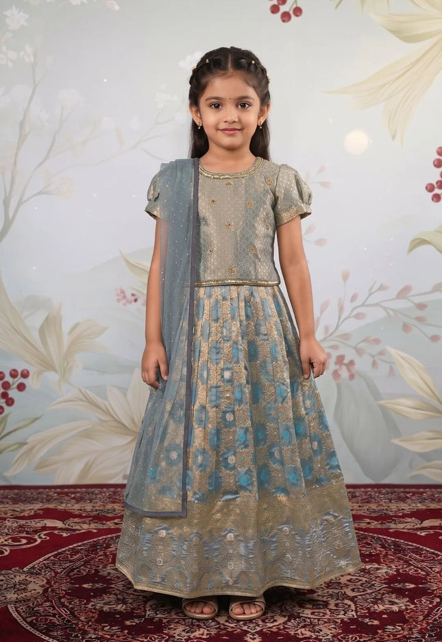 Firozi Banarasi Silk Kids Lehenga Choli with Stylish Dupatta