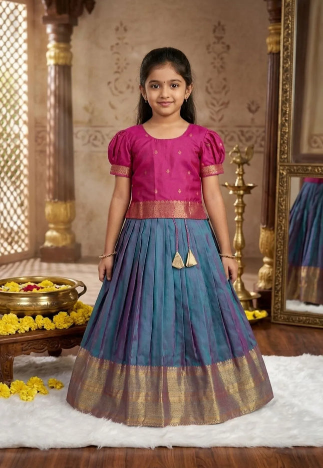 Firozi Girls Silk Pattu Pavadai Ethnic Wear Lehenga Choli Set