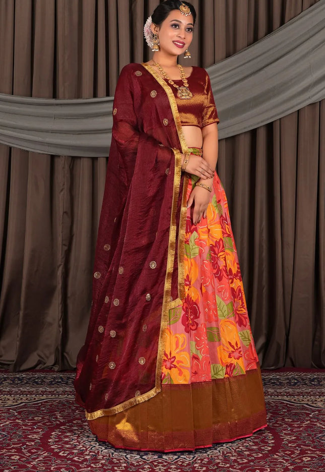 Gajari Banglori Slub Lehenga Choli with Rangoli Dupatta