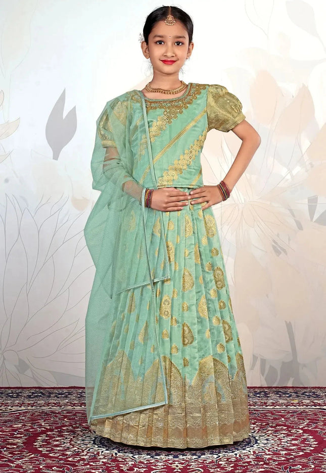 Girls Asymmetric Embroidered Lehenga with Short Puff Sleeves