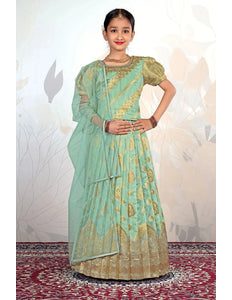 Girls Asymmetric Embroidered Lehenga with Short Puff Sleeves