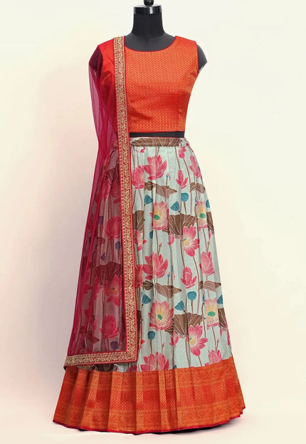 Girls Lotus Floral Printed Lehenga with Textured Sleeveless Crop-Top