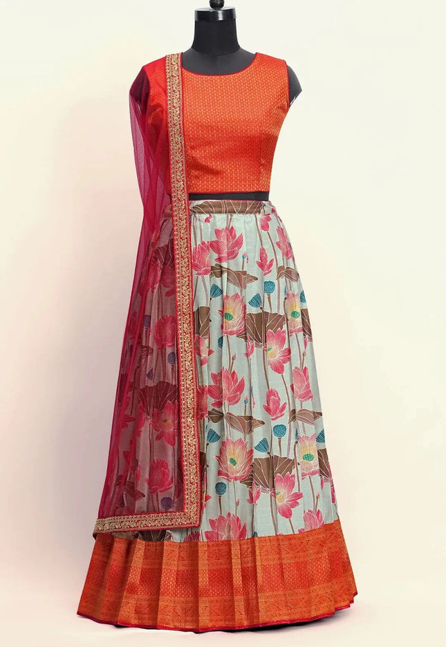 Girls Lotus Floral Printed Lehenga with Textured Sleeveless Crop-Top