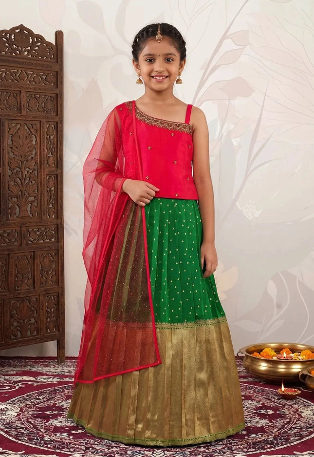 Girls Sleeveless Ethnic Lehenga Kids Wide Zari Border Skirt Set