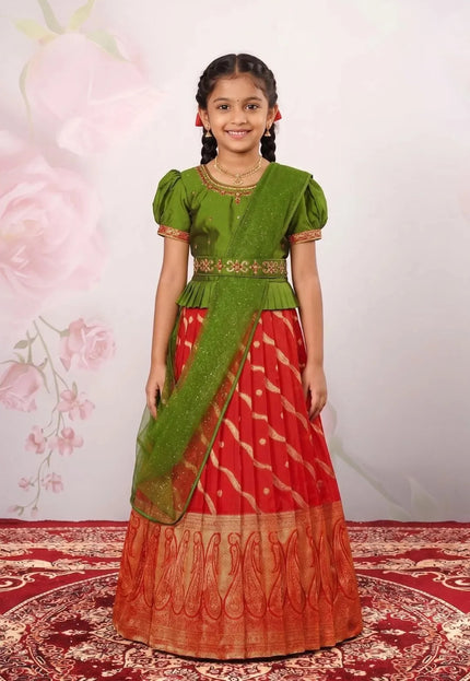 Girls Traditional Zari Red Lehenga Choli with Embroidered Waist Belt