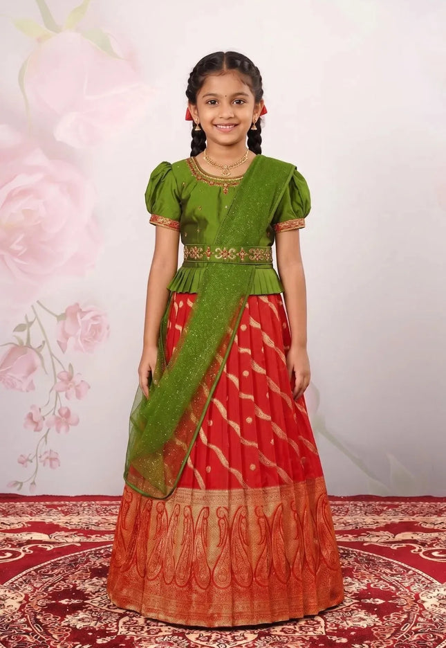 Girls Traditional Zari Red Lehenga Choli with Embroidered Waist Belt