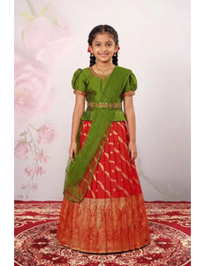 Girls Traditional Zari Red Lehenga Choli with Embroidered Waist Belt