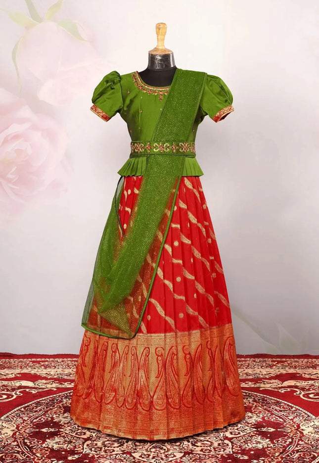 Girls Traditional Zari Red Mehendi Lehenga Choli with Embroidered Waist Belt