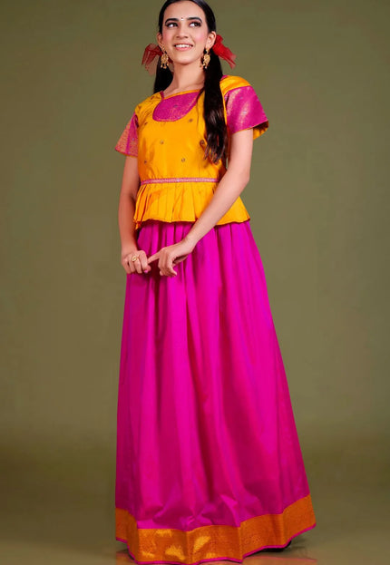 Gold Art Silk Readymade Pattu Pavadai For Girls