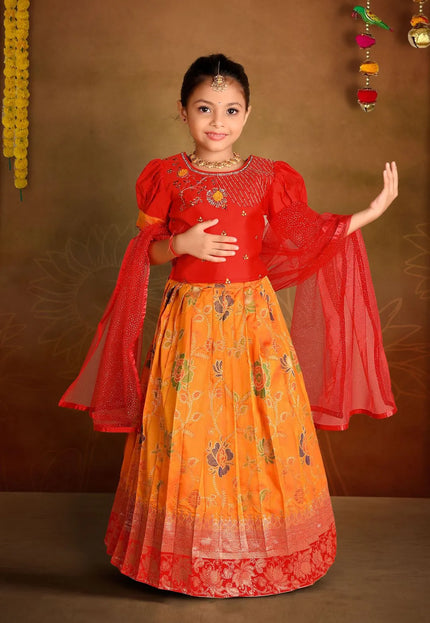 Gold Banarasi Kids Lehenga Choli with Red Dupatta For Girls