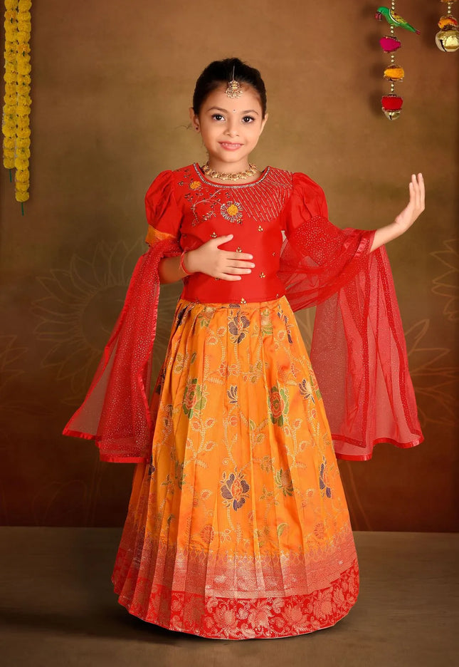 Gold Banarasi Kids Lehenga Choli with Red Dupatta For Girls