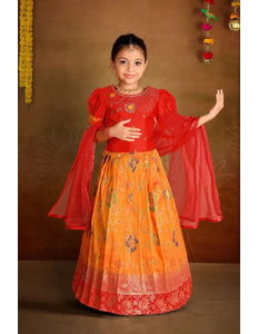 Gold Banarasi Kids Lehenga Choli with Red Dupatta For Girls