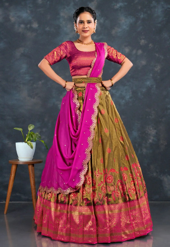 Gold Banarasi Silk Floral Zari Half Saree With For Women