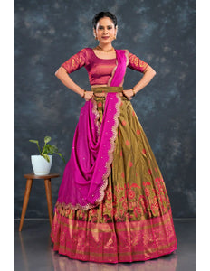 Gold Banarasi Silk Floral Zari Half Saree With For Women
