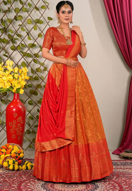 Gold Banarasi Silk Lehenga Choli With Dupatta For Women