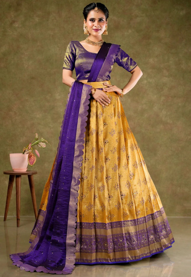 Gold Banarasi Silk Semi-Stitched Lehenga For Women