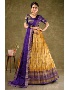 Gold Banarasi Silk Semi-Stitched Lehenga For Women