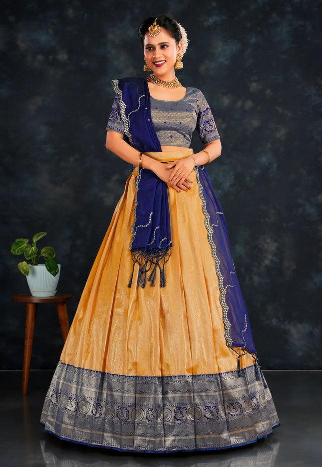 Gold Banarasi Zari Work Designer Half Saree For Women