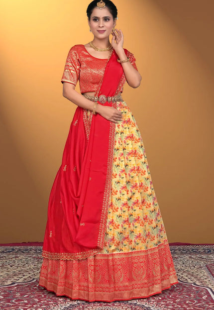 Gold Banglori Slub Lehenga Choli with Rangoli Dupatta