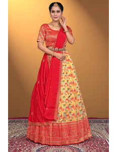 Gold Banglori Slub Lehenga Choli with Rangoli Dupatta
