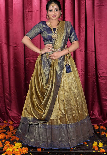 Gold Tissue Silk Zari Work Half Saree Lehenga For Women